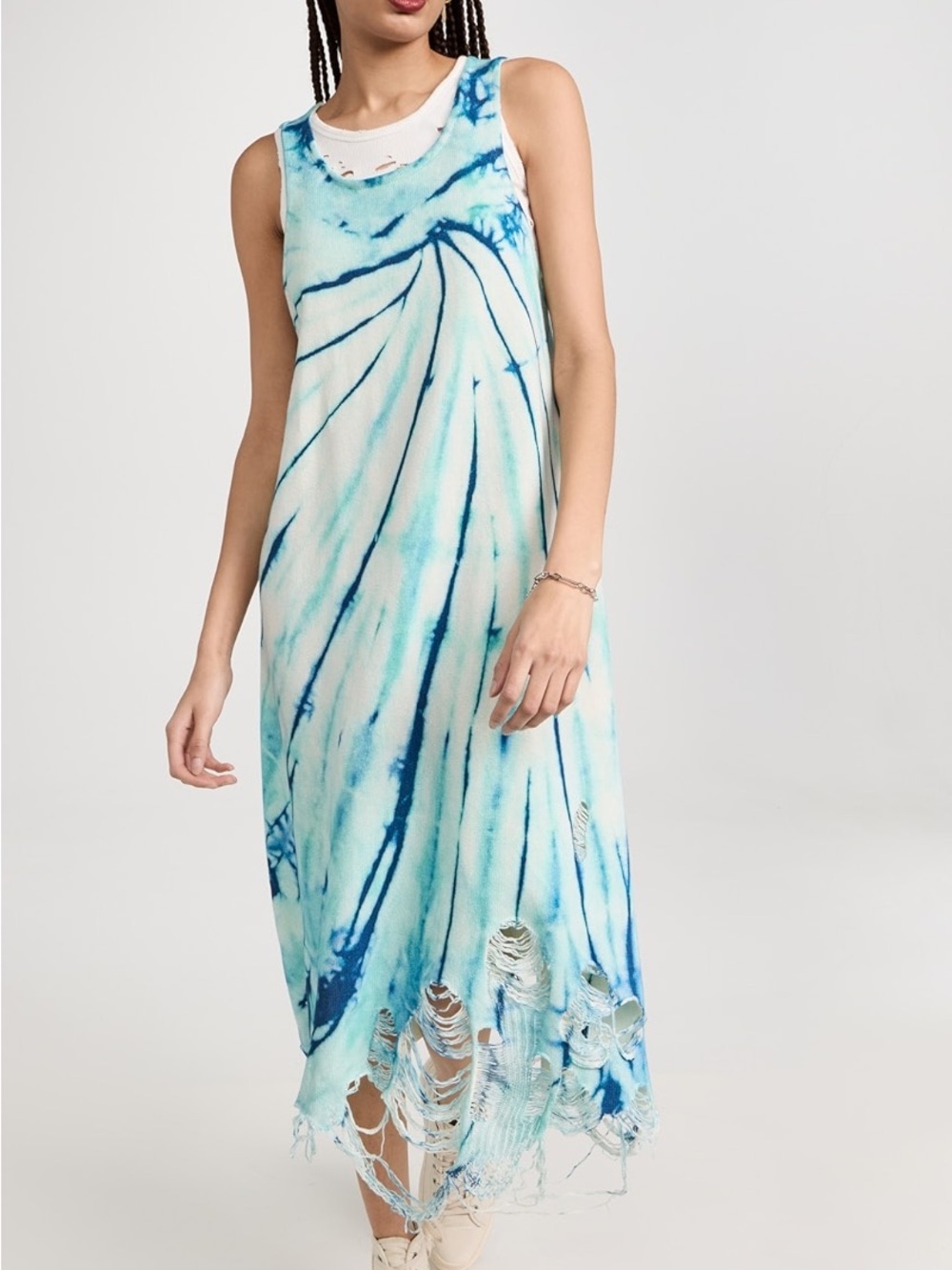 R13 Tie Dye Distressed Tank midi Dress - Aqua & Navy